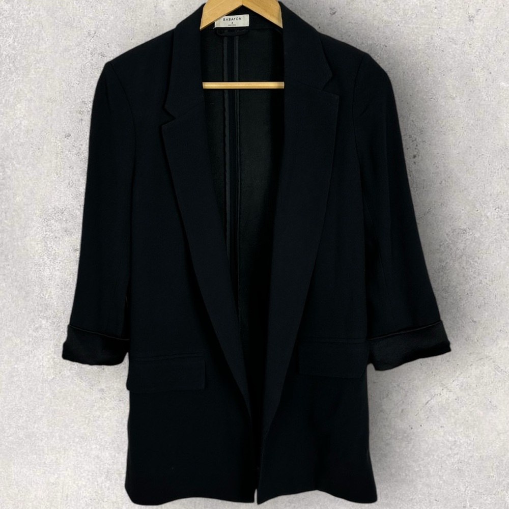 Aritzia Babaton‎ Delos Blazer Black Drape Size 2 Cupro Crepe Minimalist Career - Picture 11 of 16